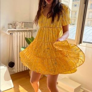 UO pippa chiffon tiered mini dress yellow size S